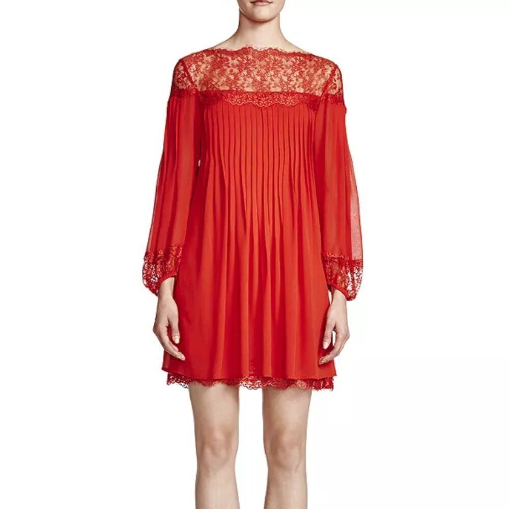 The Kooples Red Lace Chiffon Dress Pleated Long Sleeve Mini Womens M